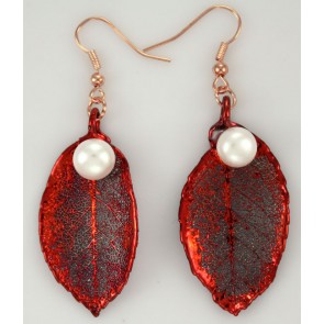 Rose Leaf Earrings in Iridescent Copper with Pearl