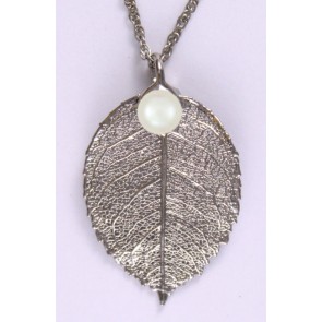 Rose Leaf Pendant / Necklace in Platinum with Pearl