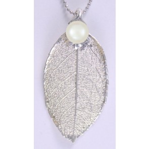 Rose Leaf Pendant / Necklace in Silver with Pearl
