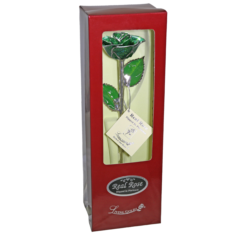 Emerald Green Sparkle Rose in Platinum - Living Gold Co. Emerald Green Sparkle Rose in Platinum - Living Gold Co.